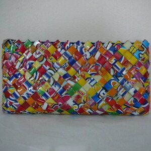 Handmade Vintage Recycled Gum/Candy/Juice Wrappers Clutch- Blue Zipper Closure